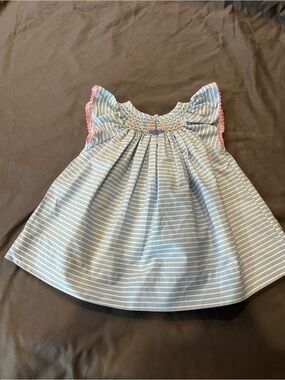 Blue Striped Smocked Flutter-Sleeve Kids Dress